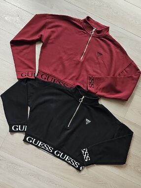 Guess Cropped Sweatshirt Branded Logo Hem & Cuffs Quarter Zip Mockneck Lot Of 2